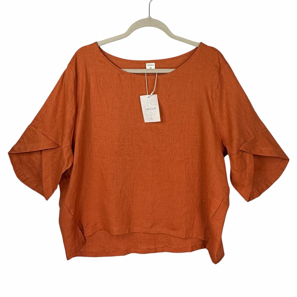 Lintico Linen Top Womens XL Tulip 1/2 Sleeve Burnt Orange Lagenlook Autumn NEW